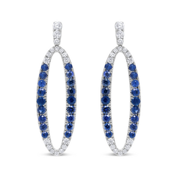 18K White Gold 1.11 Cttw Blue Round Diamond and Blue Sapphire Openwork Oval Shaped Dangle Earrings (F-G Color, VS1-VS2 Clarity)