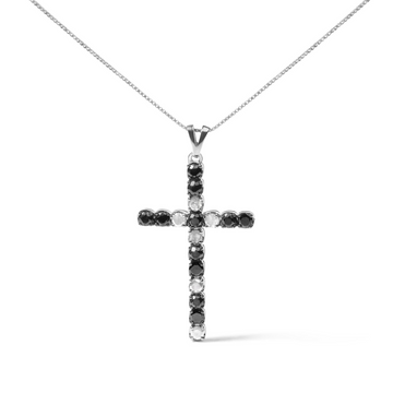 .925 Sterling Silver 2.0 Cttw Prong Set Round Natural Treated Black and White Diamond Cross Pendant Necklace - 18