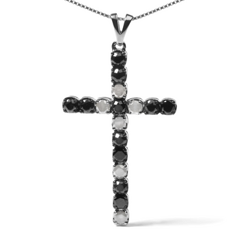 .925 Sterling Silver 2.0 Cttw Prong Set Round Natural Treated Black and White Diamond Cross Pendant Necklace - 18