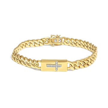 14K Yellow Gold Plated .925 Sterling Silver Diamond Accent Inlaid Cross Cuban Link Bracelet (I-J Color, I3 Clarity)-  7.25
