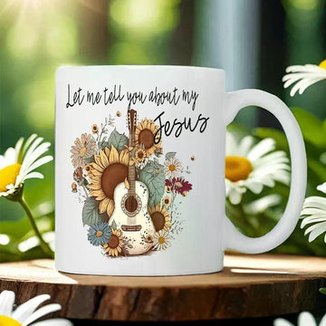 Inspirational Ceramic Coffee Mug with Sunflower & Guitar Design - 'Let Me Tell You About My Jesus