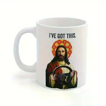 11oz Jesus Christ Driving Steering Wheel Ceramic Mug, Humorous Religious Coffee Cup, Insulated, Reusable